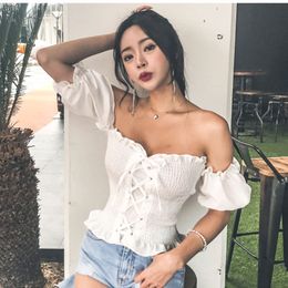 Women s Blouses Shirts Arrival Boho Sexy Summer Crop Top Womens Tops and Puff Sleeve Off Shoulder Lace Up Beach Shirt blusa feminina 230506