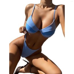 Women's Swimwear Women Clothing Split Bikini Set Colorblock Thin Straps V-neck Bra Solid Color Thongs Swimsuit