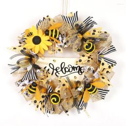 Decorative Flowers 45cm Bee Festival Garland Artificial Sunflowers Bees Ribbon Realistic Wreath Ornament Decor Home Supplies Garden