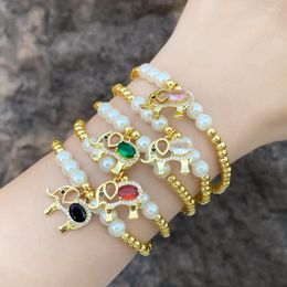 Charm Bracelets Gold Plated Beads Chain Elephant For Women Copper CZ Crystal White Pearl Animal Jewellery Gifts Brta77