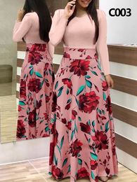 Party Dresses Fashion Slim Flower Print Colorblock Long Sleeve Dress Ladies Round Neck Big Swing Maxi Dresses For Women Vestidos De Mujer 230506