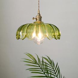 Pendant Lamps Nordic Single Head Glass Flower Lights Retro Brass Bar Porch Dining Hanging Light Bedside Lighting Fixture