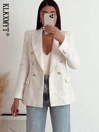 Women s Vests Klkxmyt Women Jacket Spring 2023 Traf Fashion Double Breasted Tweed Blazer Coat Vintage Long Sleeve Female Outerwear Chic Top 230506