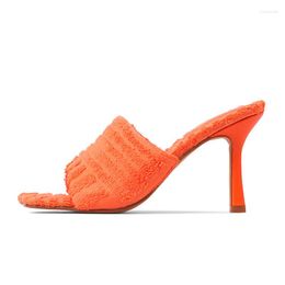 Sandals 2023 Summer Women Mules Square Toe High Heels Party Shoes Ladies Large Size Heeled Slippers Orange Towel Slides 7-8cm
