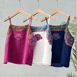 Camisoles Tanks White Top Female Camisoles Women Sleevelees Tanks Top Summer Cotton Linen Retro Embroidery Thin Camisole Vest Lingerie T-shirt 230506