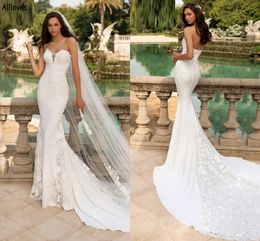 Boho Lace Appliqued Mermaid Wedding Dresses For Bride Simple Satin Boho Garden Beach Bridal Gowns Sexy Sweetheart Backless Buttons Reception Robes de Mariee CL2239