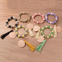 Keychains Hand Design Leopard Mixed Wood Beads LVOE Letter Wristband Bracelet Keychain Leather Tassel Keyring For Girl Jewelry Gift