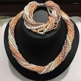 Necklace Earrings Set 3-4MM Natural Freshwater Pearl And Bracelet Jewelry Classic White Multi Color Layers Twist
