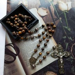 Pendant Necklaces Diyalo Natural A Tiger Eye Stone Beads Chain St Benedict Medal Crucifix Cross Rosary Necklace Prayer Chaplet Jewelry