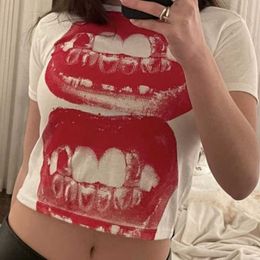 Women's T-Shirt Y2K clothes 2000s vintage Harajuku fairy garbage blouse women's Tshirt Goth lip KISS print Egirl EMO Crop women's club top Z0506