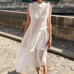 Casual Dresses Women Cotton Ramie White Dress Doll Collar Ruffle Splicing Sleeveless Holiday Midi