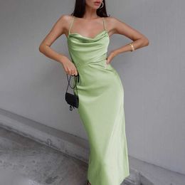 Casual Dresses Fashion Elegant Satin Backless Midi Dress Sexy Silk Straps Solid Colour Lace Up Female Long Dresses Chic Party Vacation Outfits Z0506