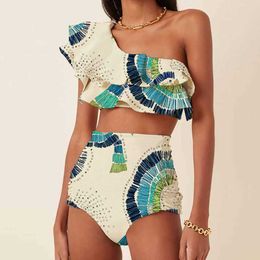 Women's Swimwear Lime Green Print Ruffle Swimsuit Fashion One Shoulder Tube Top Bikini Two Piece High Waist Tummy Tight Beachwear 2023 J230506