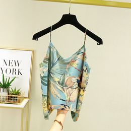 Camisoles Tanks French Style Ladies Halter Vest Top Quality Silk Satin Floral Print Suit Bottom Tank Top Camisole Summer Top 230506