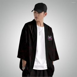 Abbigliamento etnico Stile giapponese Uomo Stampa nera Kimono Haori Yukata Cosplay Moda estiva e pantaloni Camicie Streetwear