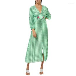 Casual Dresses Women Silk Heavy Embroidery Dress Green Plaid Print Lady V Neck Waist Midi