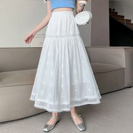 Skirts TIGENA Elegant Midi Long Skirt for Women Summer Korean Fashion Hollow Out Solid A Line High Waist Mid-length Skirt Female 230506