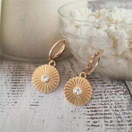 Hoop Earrings Lovely Cute Gold Colour Plating Striple Textured Round Disc With Clear Stone In Centre Drop For Women Elegant Jewellery