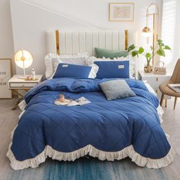 Bedding Sets Blue Cotton Bed Skirt Solid Color Pleat Ruffles Princess Home Duvet Cover Bedspread Linen Pillowcases 1.8/2.0M