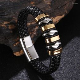 Charm Bracelets Fashion Weave Leather Rope Hand Bracelet For Mens Stainless Steel Braided Bangles Male Wristband Party Jewellery Gift PS1332