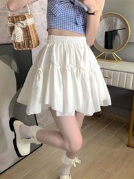 Skirts HOUZHOU Kawaii Mini Skirts Women White Fungus Patchwork Summer Sweet Cute Pleated Skirt Black Goth Lolita Preppy Style Y2k 230506