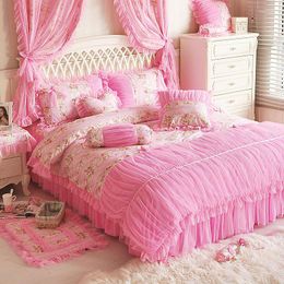 Bedding Sets Korean Princess Cotton Pink Rose Printing Lace Bow Ruffles Duvet Cover Bedspread Bed Skirt Pillowcases Home Textile