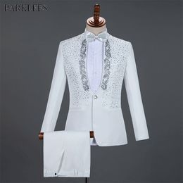 Men's Suits Blazers White Sparkly Crystals Embroidery Mens With Pants Wedding Groom Tuxedo Suit Men Stand Collar Stage Costume Homme Mariage 230506