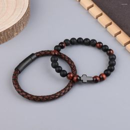 Charm Bracelets Cross Natural Stone Leather Bracelet For Man Lava Tiger Eye Beads Combination Men Jewellery