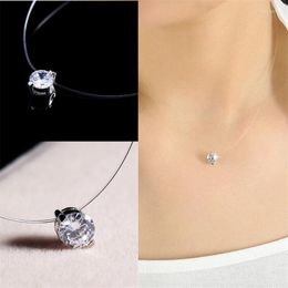 Pendant Necklaces Silver Colour Dazzling Zircon Necklace And Invisible Transparent Fishing Line Simple For Women Jewellery Gift