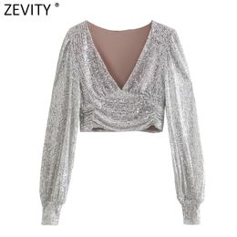 Women's Blouses Shirts Zevity Women Sexy Deep V Neck Short Sequined Smock Blouse Lady Chic Pleats Puff Sleeve Party Wear Crop Shirts Blusas Tops LS9954 230505