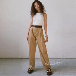 Women's Pants s ZAAHO Spring Autumn Women Fashion Vintage Solid High Waist Casual Zipper Pockets Loose Straight Trousers Female 230506