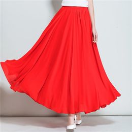 Skirts Summer Women Chiffon Long Skirt A-Line Skirts Women Elastic High Waist Maxi Skirts Elegant Solid Skirts Femme Streetwear 230506
