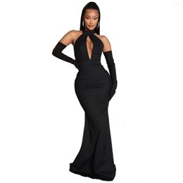 Casual Dresses Cutubly Womens Skirts Robe Elegant Dress Women Vestido With Long Sleeve Gloves Lady Fashion Sexy Backless Hollow O-Neck