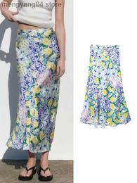 Skirts TRAF New Women's Floral Printed Midi Skirt 2023 Summer Female High Waist Chic A-line Dress Vintage Beach Style Mid-Calf Skirt T230506