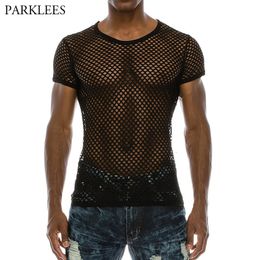 Men's T-Shirts Men's Mesh See-through Fishnet T Shirt Fashion Sexy Short Sleeve Undershirt Nightclub Wear T-shirt Perform Streetwear Tops 230506