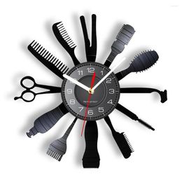 Wanduhren Barber Shop Clock Equipments Record Hair Dressing Tools Art Beauty Salon Decor
