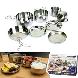 Camp Kitchen 8pcs Outdoor Stainless Steel Pot Mountaineering Camping Portable Bowl Grill Folding pots and pans set cooking nonstick cookware P230506