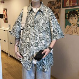Men's Casual Shirts -Youth Leaf Printed Y2k Streetwear Designer Blouses Japanese Oversized Shirt Vintage Korean Fashions