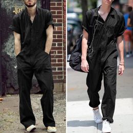 Men's Pants Simple Cargo Solid Colour Dress-up Short Sleeve Single-breasted Men Jumpsuit