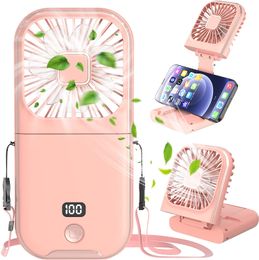 Newly Portable Handheld Personal Necklace Fan Foldable Mini Quiet USB Rechargeable Fan 3000mAh Power Digital display With Mobile Phone Bracket Function