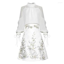 Work Dresses Women Clothing Arrivials Two Pieces Set Lantern Sleeve Sheer Blouses Floral Embroidery High Waisted Skirt