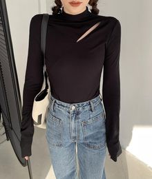 Women's T Shirts Women Irregular Cracks Stand Collar Long Sleeve Slim Casual Black Spring 2023 Ladies Simple Tee TopsWomen's