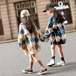 Pullover Girls Knitwear Coats Mixed Colours Plaid Cardigan Sweater Autumn Knitted Overcoats Thicken Sweaters Casual V-neck Long