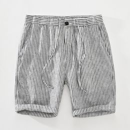 Men's Shorts Striped Shorts for Men Japanese Style Pure Linen Casual Elastic Waist Button Up Short Pants Summer 230506