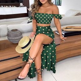 Two Piece Dres Summer Skirt Sets Outfits Floral Print Elegant Sexy Off Shoulder Crop Tops Split Long Maxi Skirts Pieces Suits 230506