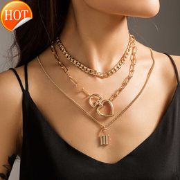 18K Plated Layered Necklace Choker Gold Filled Chain Lock Necklaces Multi Layer Necklace Jewellery For Women