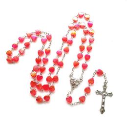 Pendant Necklaces Catholic Acrylic Heart Rosary Necklace Long Cross Strand Religious Jewelry For WomenPendant