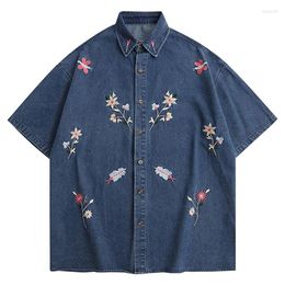 Men's Casual Shirts American Retro Floral Denim Mens Summer Loose Lapel Single Breasted Short Sleeve Men Hip Hop Jackets