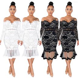 Casual Dresses Women Elegant Lace Dress Sexy V-neck Chest Wrapping Long Sleeve Bag-hip Vestidos Mesh Patchwork Fishtail See-through Slim
