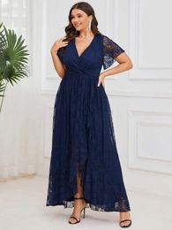 Plus size Dresses Plus Size Lace Party Dress Woman Summer V Neck Short Sleeve Ruffles Irregular Long Dress Wedding Guest Mother Dress 230506